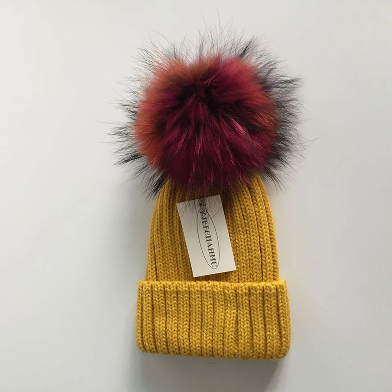 Модные новые помпоны из натурального Лисьего меха норки 18 см Skullies Beanies, шапки для женщин и девочек, зимние теплые шапки, детские шапки Skullies Beanies