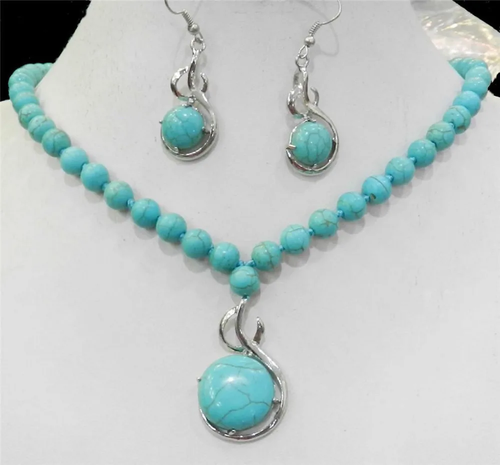 

FREE SHIPPING>>Elegant Blue Turquoise jewerly Pendant Necklace Earring Jewelry Sets AA