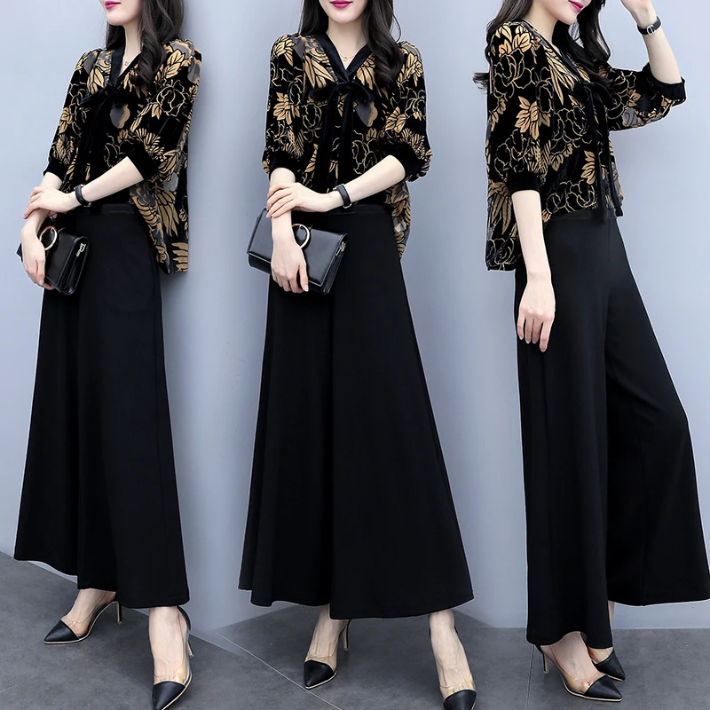 

2019 summer new women's yellow flower top two-piece set wide leg pants suit casual fashion suit female large size