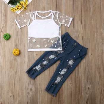 

Pudcoco Summer Toddler Baby Girl Clothes Star Print Perspective T-shirt+Vest Tops Ripped Long Jeans 3Pcs Outfits Clothes Summer
