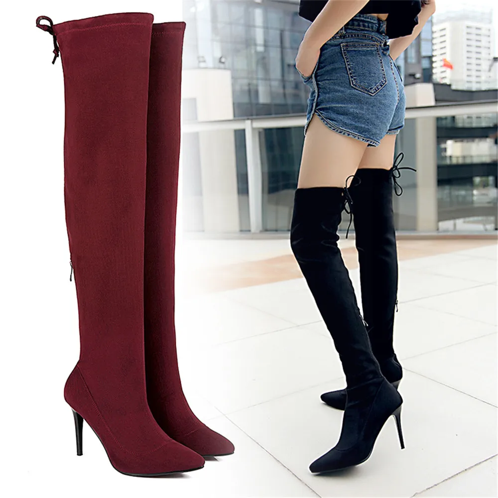 Flock Slip die herbst on Solide Frühling Größe Über wine gray Winter Orshirly Frauen Red Black Casual Plus Spitz Handgemachte Stretch Stiefel Frühen Knie 4ndwfx