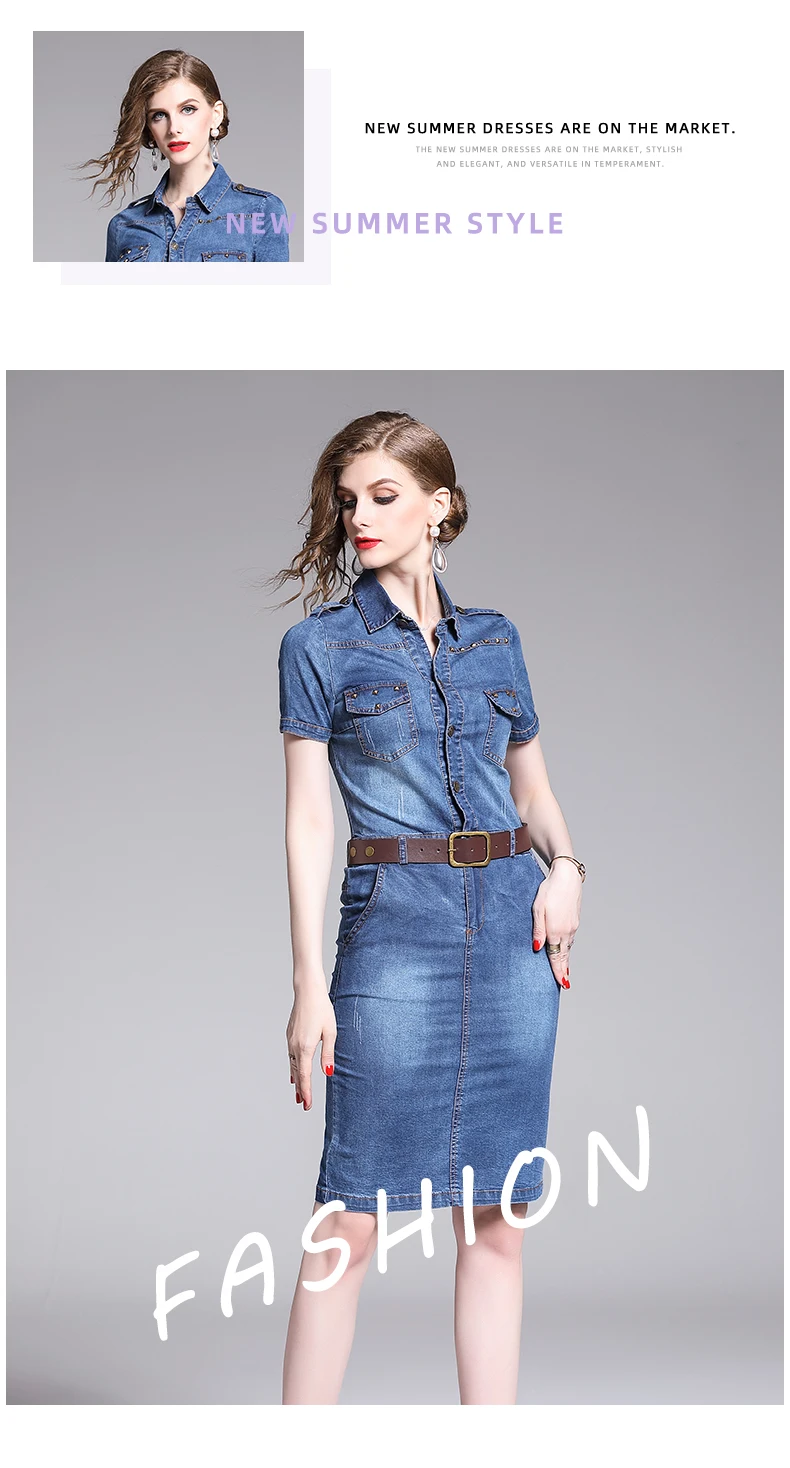 Новое поступление, летнее джинсовое платье с заклепками, уличная одежда с короткими рукавами, джинсовые платья-карандаш, винтажные женские платья