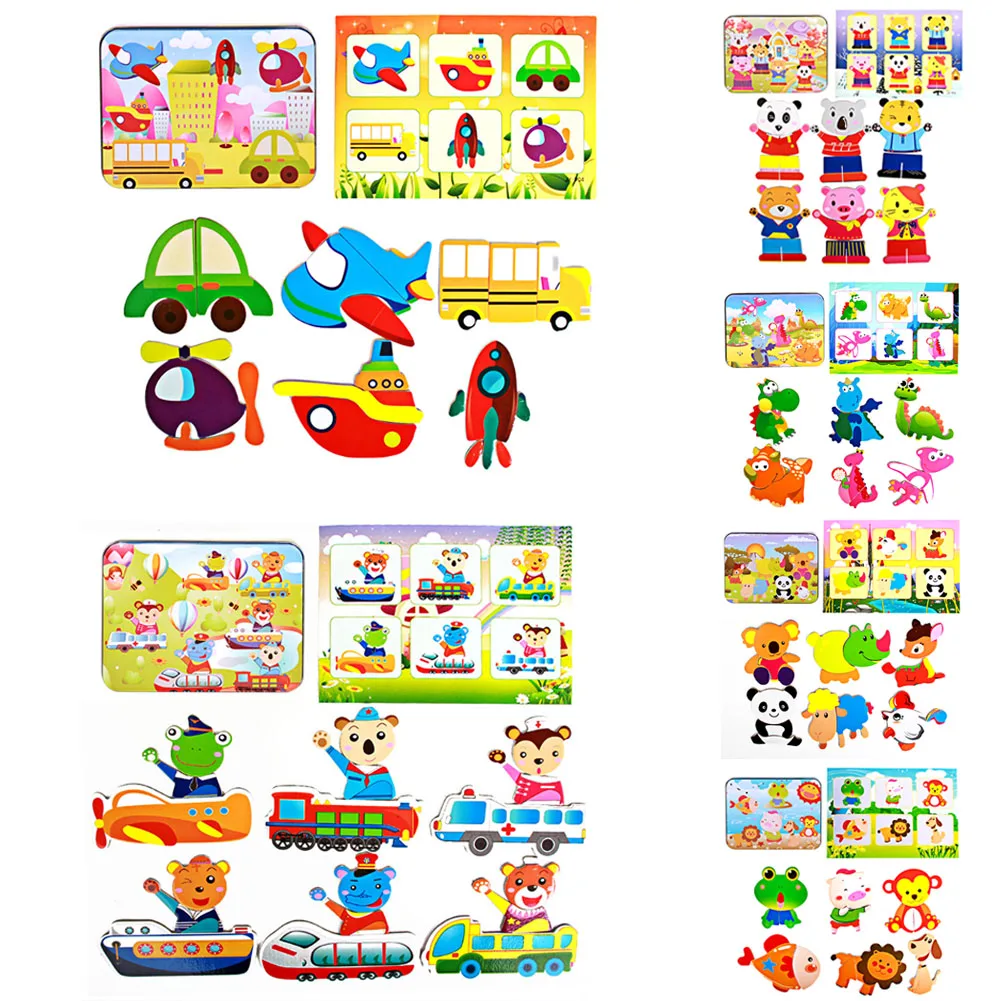 Baby Wooden Magnetic 3D Puzzle Cute Bear Dress Changing Jigsaw Puzzle Cartoon Animal Children Educatinal Toys with Iron Box