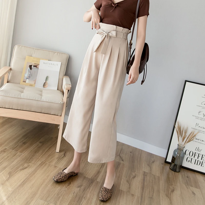 

Bow Tie Sashes Wide Leg Pants Office Ladies Ruffle Frill High Waist Loose Trousers Women 2019 Summer Elegant Black Chiffon Pants