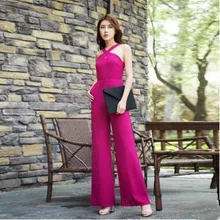 2017 Sexy Summer Jumpsuit Party Bohemian Overalls Rompers Chiffon Elegant Rose Red Full Length Wide Leg Bodysuit S M L XL 2XL