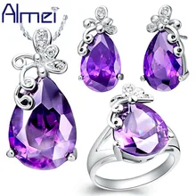 Almei, распродажа Promition Ювелирные наборы модные фиолетовое ожерелье каплевидный кристалл кольцо комплект Бабочка для Для женщин свадебные T075