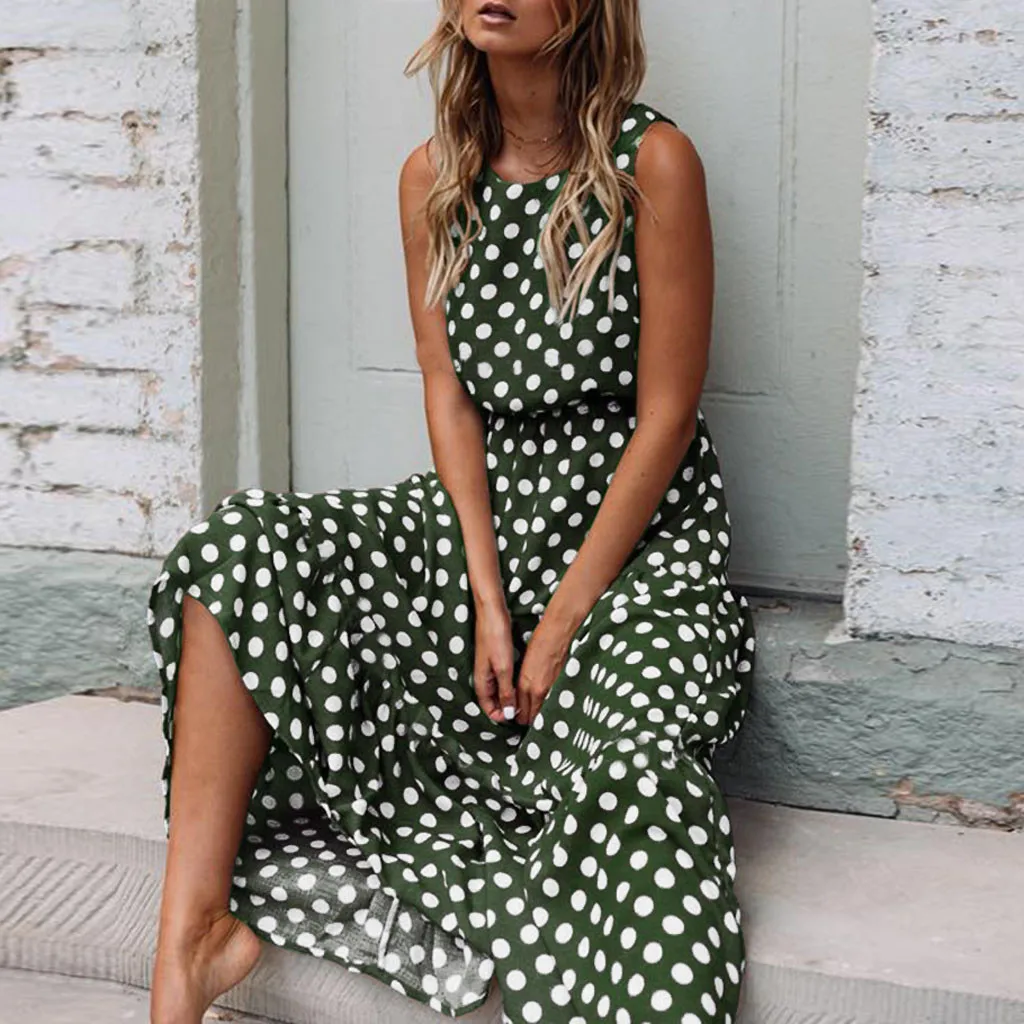

Sexy Dot summer dress women Printing Sleeveless elegant dress O Neck Long Dress Evening Party Dress vestido elbise robe52#G9