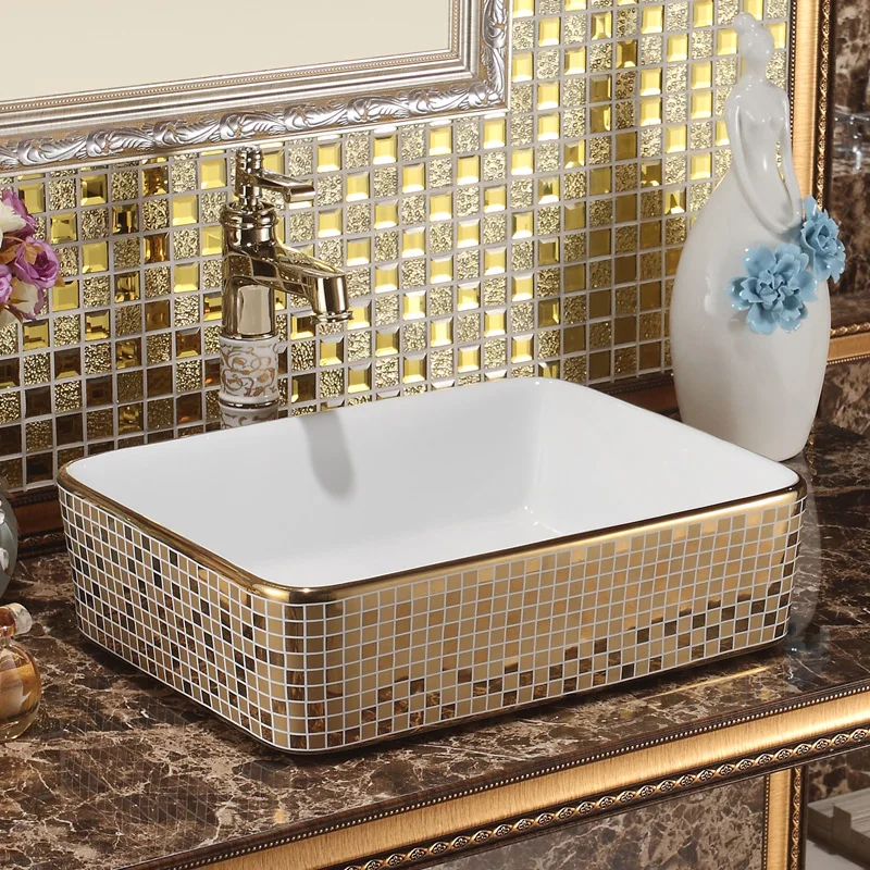 Jingdezhen ceramic sanitary table square wash basin wash basin wash basin titanium mosaic art basin Jingdezhen ceramic sanitary table square wash basin wash basin wash basin titanium mosaic art basin