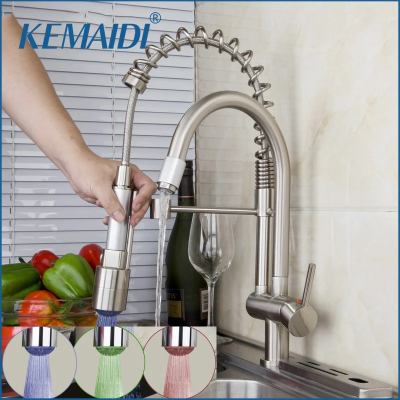 KEMAIDI Kitchen LED Light Pull Down Nickel Brushed Sink Single Handle Water Tap Vessel Vanity Lavatory