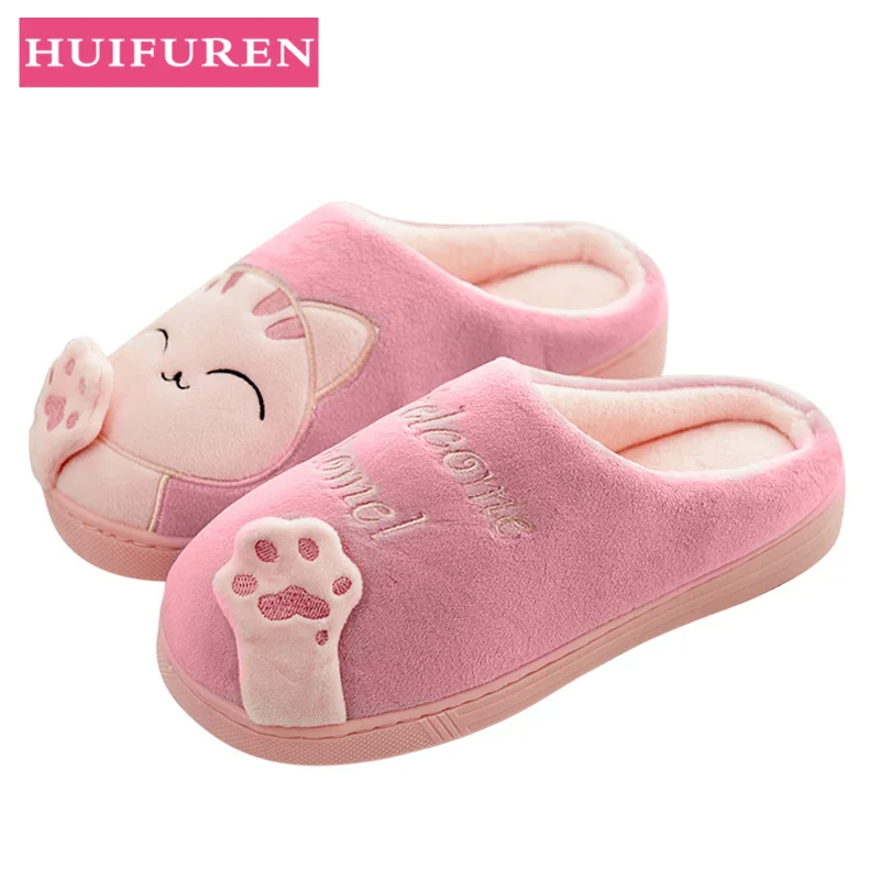 

Women Cotton Slippers Cartoon Style Indoor Warm Flat Shoes Woman Home Plush Slipper Slip On Non-slip Lovers Bedroom Slipper