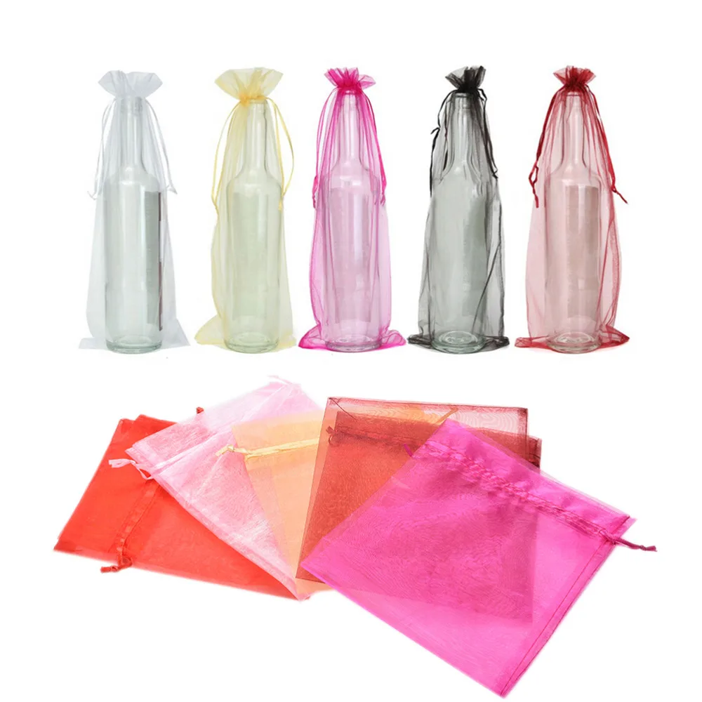 

New 10 Pcs/set Organza Wine Bottle Gift Bag 5 Colors Wedding Party Decor Bottle Bags 37x15cm