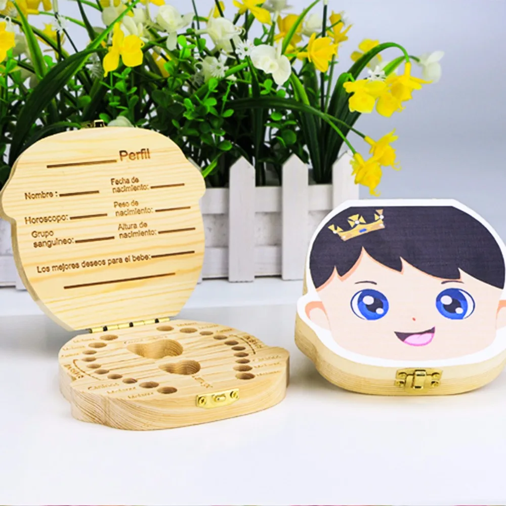 

Baby Kids Tooth Box Wood Storage Box For Organizer Storage Box For Baby Milk Teeth Collect Organizador Spanish&English Case