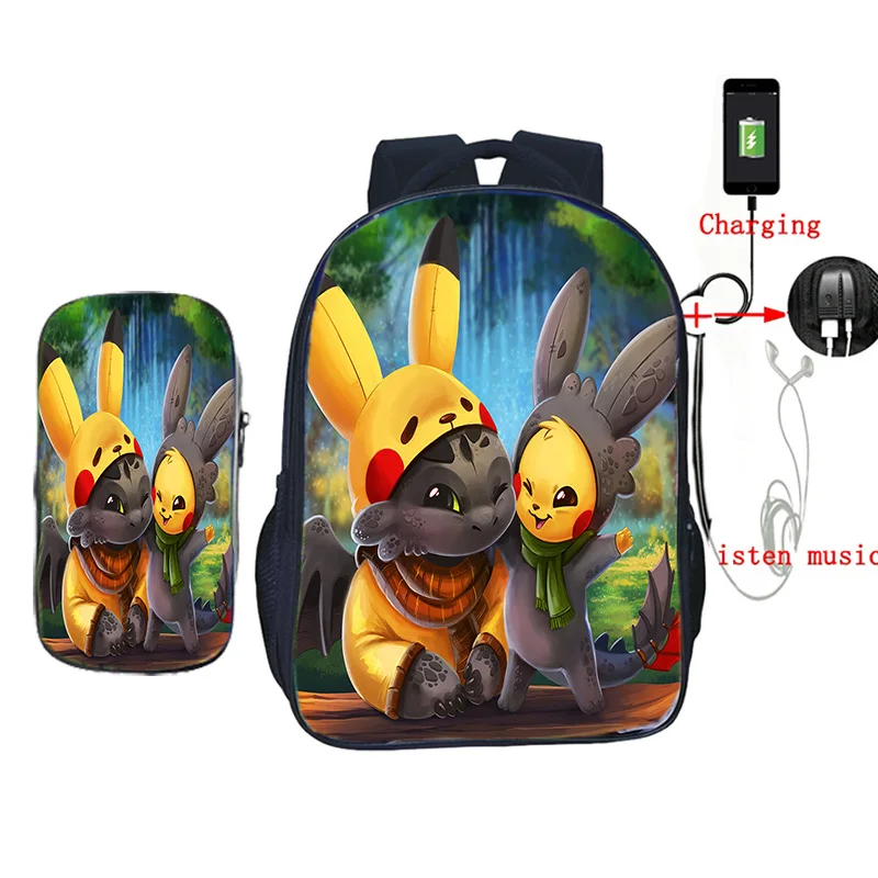 

Pikachu Stitch 2 Pcs/Set USB Charging Backpack School Bags for Teenagers Students Laptop Backpack Pencil Case Travel Bags