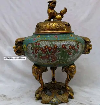 

12" China Cloisonne bronze carved Foo Dogs Lion elephant Incense burner censer