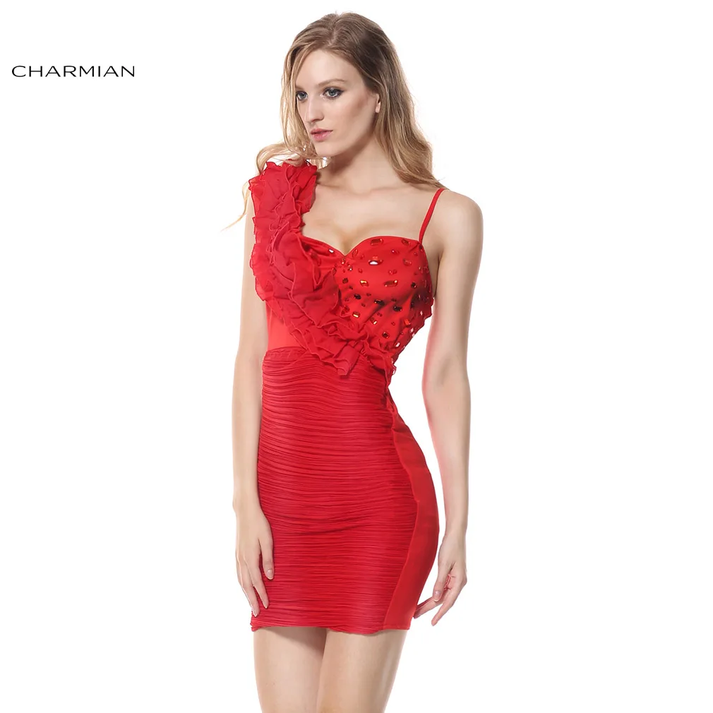 Charmian Women's Christmas Dress One Shoulder Slip Mini Dress Wedding Bridesmaid Party Bodycon