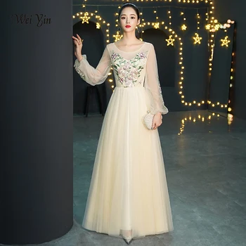 

weiyin 2020 New Champange Embroidery Long Evening Dress The Bride Banquet Elegant Long Sleeve Floor-length Prom Party Gowns