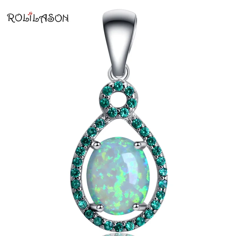 

ROLILASON New Water Drop Green Zircon Fashion Jewelry Green Fire Opal Silver fashion Necklaces Pendants for Women OPS729