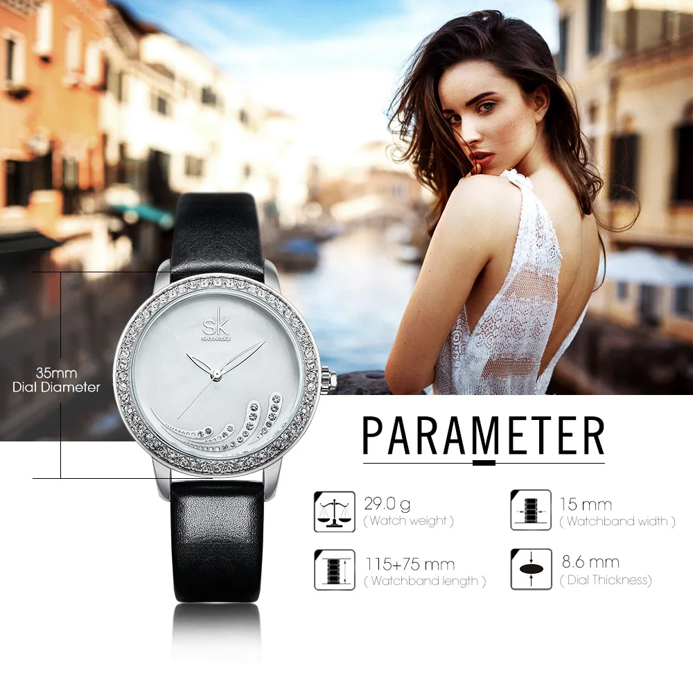 

Shengke New Women Watches Fashion Simple Crystal Decoration Leather Strap Quartz Ladies Watch Clock Montre Femme