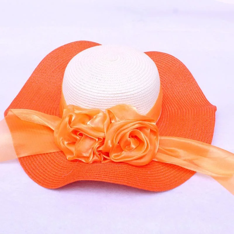 Fashion Straw Hat Flower Ribbon Summer Beach Wide Brim Fisherman Sunscreen Folding Hand Made Casual Wave Girls Hats CP0238 (1)