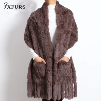 

FXFURS 2019 New Brand Women Genuine Knitted Rabbit Fur Shawl High Quality Fur Wraps 100% Real Fur Pashmina Women 170CM Length