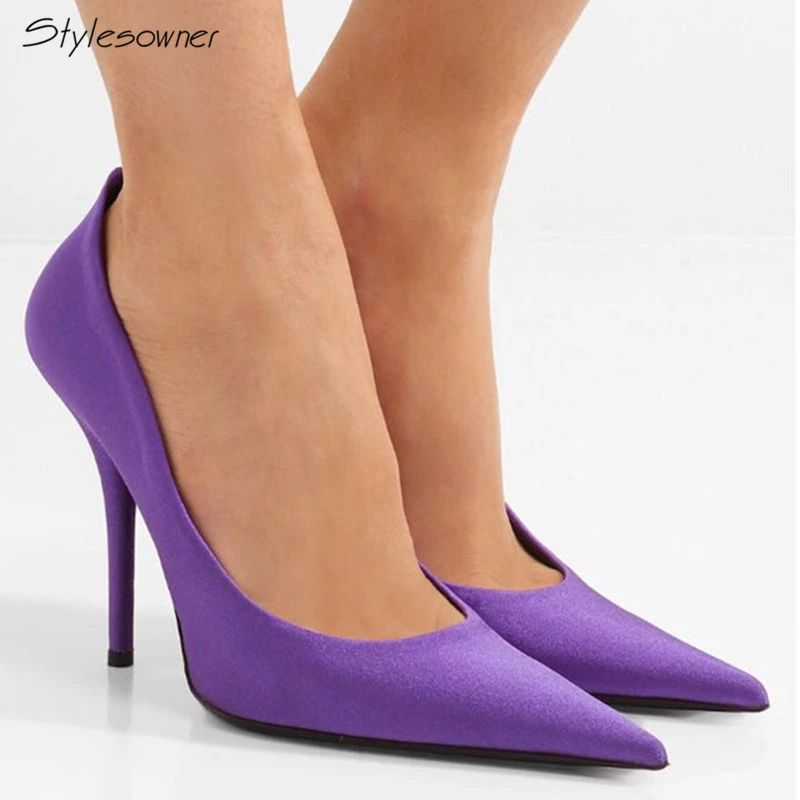 

Stylesowner Sexy Office Lady 2018 Big Size Shallow Slip On Pumps High Quality Silk Pointed Toe Solid Super High Heels Shoes 43EU