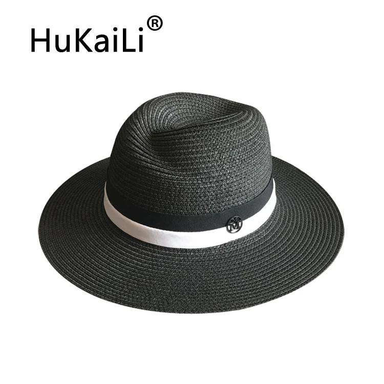 

Spring, summer, the new black abnormity straw hat double black Metal logo han edition beach hat wide brim hat topi bonnet