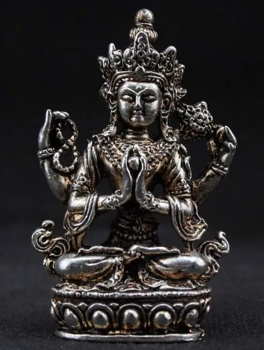 

SUPERB TIBET DECORATED HANDWORK OLD MIAO SILVER CARVED BUDDHA WONDERFUL STATUE