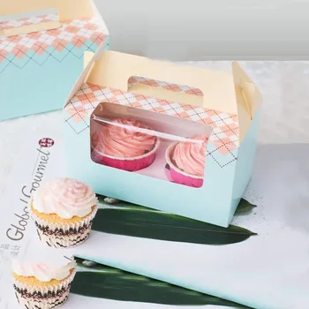 

20pcs/lot 2 Cupcakes White Pink Blue Kraft Paper Cupcake Box, Cake Box With PVC Window Wedding Party Favor Box Cake Packaging