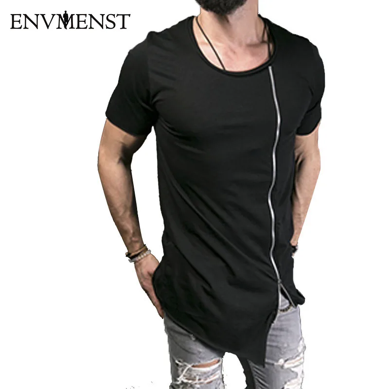 

2018 New Men's Fashion Show Stylish Long T shirt Asymmetrical Side Zipper Big Neck Short Sleeve T-shirt Male Hip Hop Tee