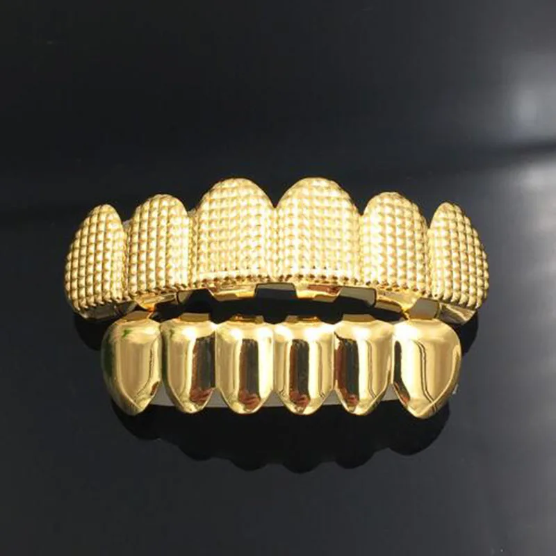 

Hip Hop Men's 6 Top & Bottom Teeth Gold Silver Color False Teeth Grillz Set Bump Lattice Dental for Party Facial Decoration