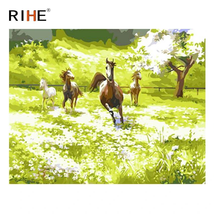 

RIHE Horse Running Diy Painting By Numbers Animal Grassland Oil Painting On Canvas Hand Painted Cuadros Decoracion Acrylic Paint