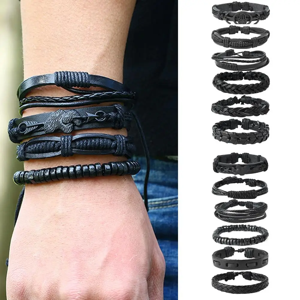 12Pcs Simple Retro Braided Leather Wax Rope Men's Bracelet Set Jewelry Gift New