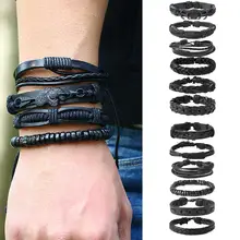 12Pcs Simple Retro Braided Leather Wax Rope Men's Bracelet Set Jewelry Gift New