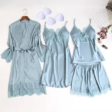 MECHCITIZ, сексуальный женский халат и платье, комплекты, кружевной Халат+ ночная сорочка, 4 штуки, пижама, комплект для сна, шелковый халат, женское белье