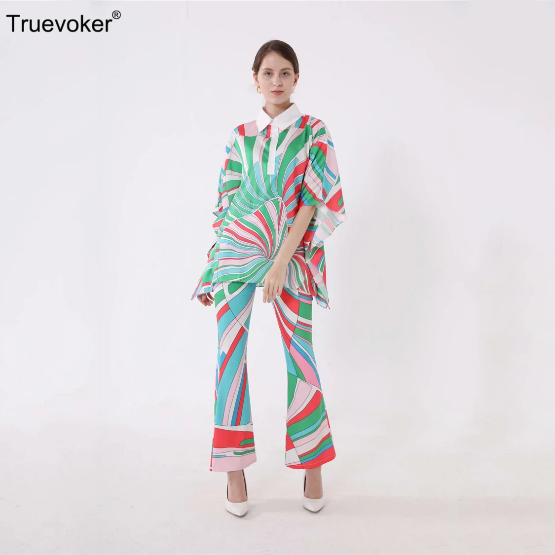 

Truevoker Summer Designer Stylish Two Pieces Set Women's Batwing Sleeve Abstract Printed Top + Pants Suit Clothing Set