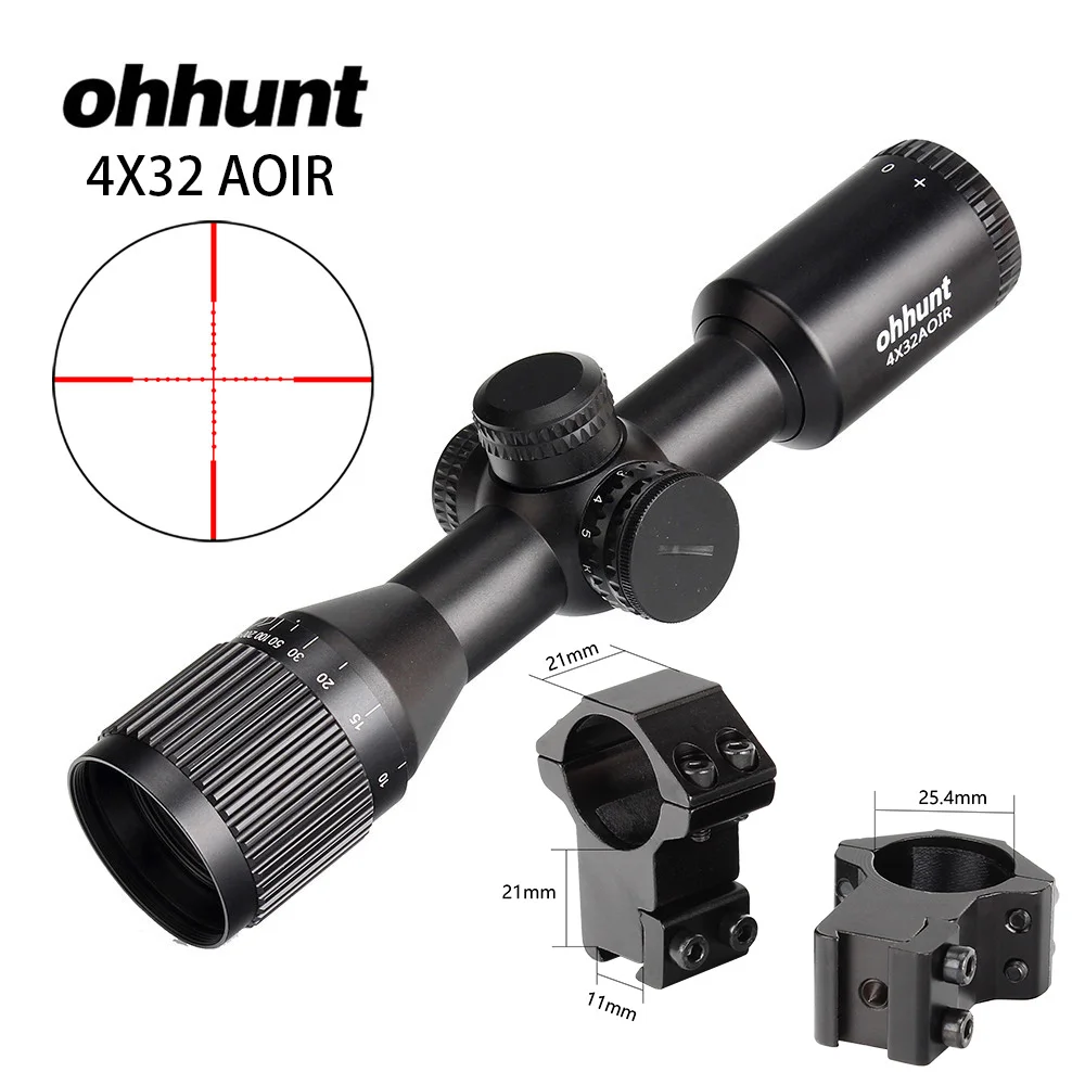 Ohhunt 4X32 AOIR компактный прицел для винтовки Mil Dot красная и зеленая подсветка охотничья оптика оптические прицелы заполняющий азот область с кольцами - Цвет: with Dovetail Rings