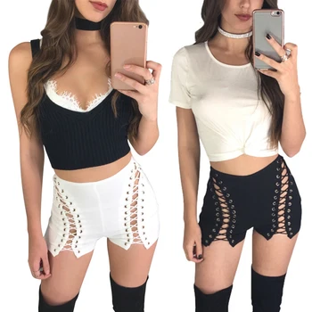 

JIMMYHANLK Women Summer Beach Sexy Fashion Party Lace up Bandage Hollow out Mini Shorts