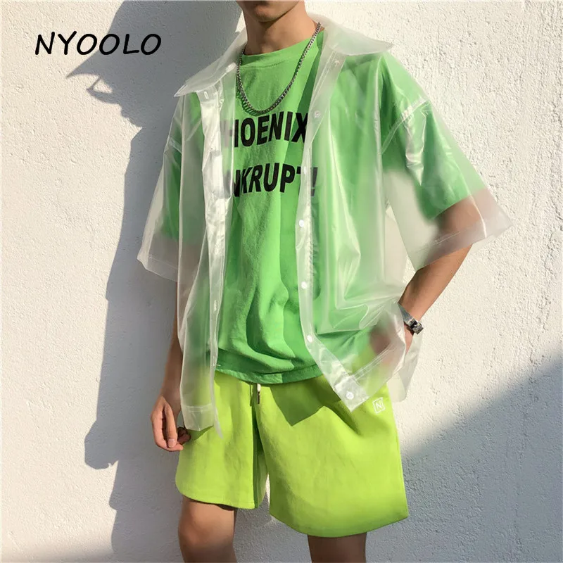 

NYOOLO Special design PVC plastic frosted transparent shirt Summer streetwear short sleeve shirt women men clothing outerwear