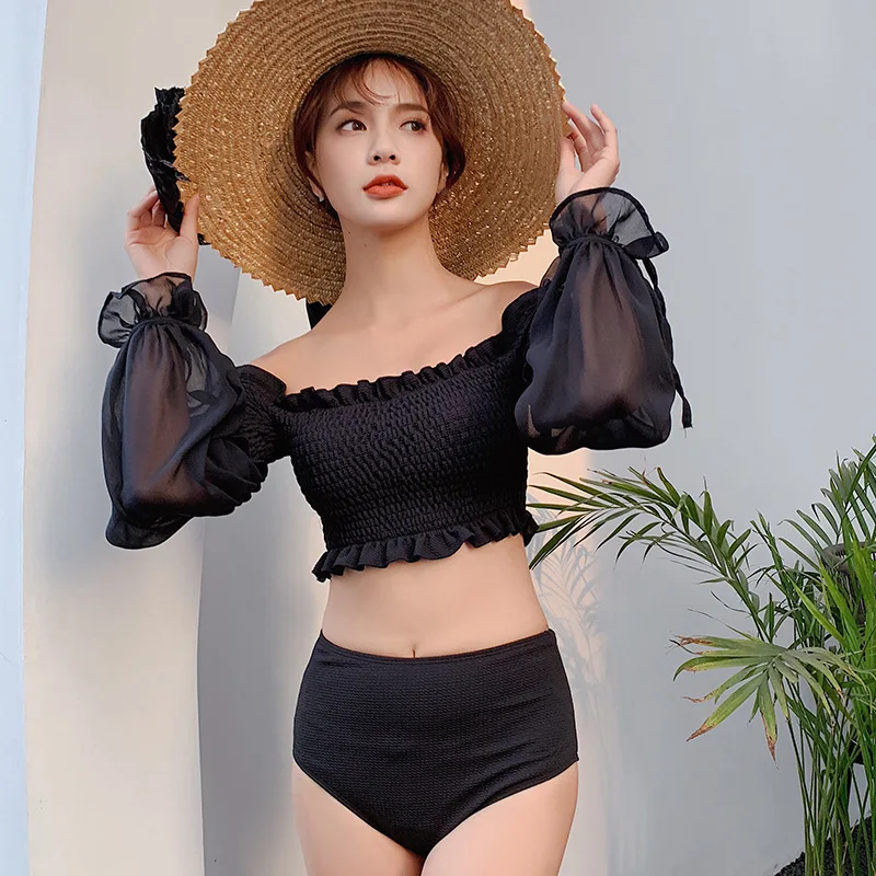 

Swimwear Women Swimsuit Fused Suit For Surfing 2019 Women's Korea Surf New High Waist Underwire Bracket Sexy Lace Long Sleeve
