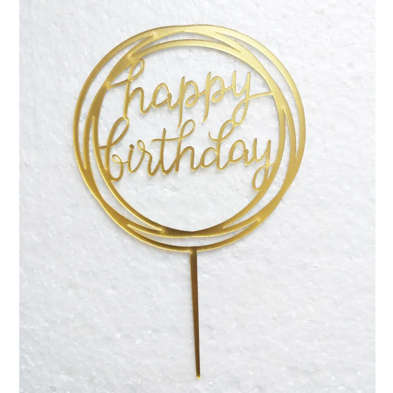 Mirror Effect Gold Happy Birthday Cake Topper Acrylic Baby Shower Birthday Cake Flags Love Heart Cake Decorations Wedding Supply