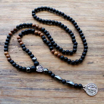 New Design black 6MM stone bead with wood bead Men's pendants Necklace