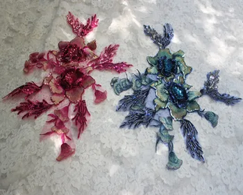 

Free Shipping Sew-on Sequined 3D Flower Lace Applique Lace Patch for Garment Decoration