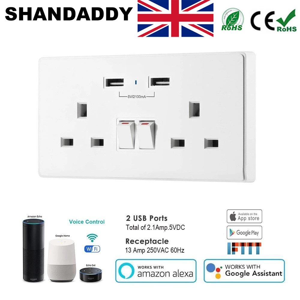 

USB Wall Outlet Dual Sockets Smart life Phone Remote Control 2 USB Port compatible with IFTTT Alexa Google Home UK Plug