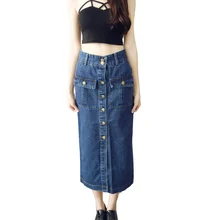 Новое поступление, осенние длинные джинсовые юбки с высокой талией, хлопок, внешние кнопки, карманы, толстые джинсы, хлопок, юбка-карандаш