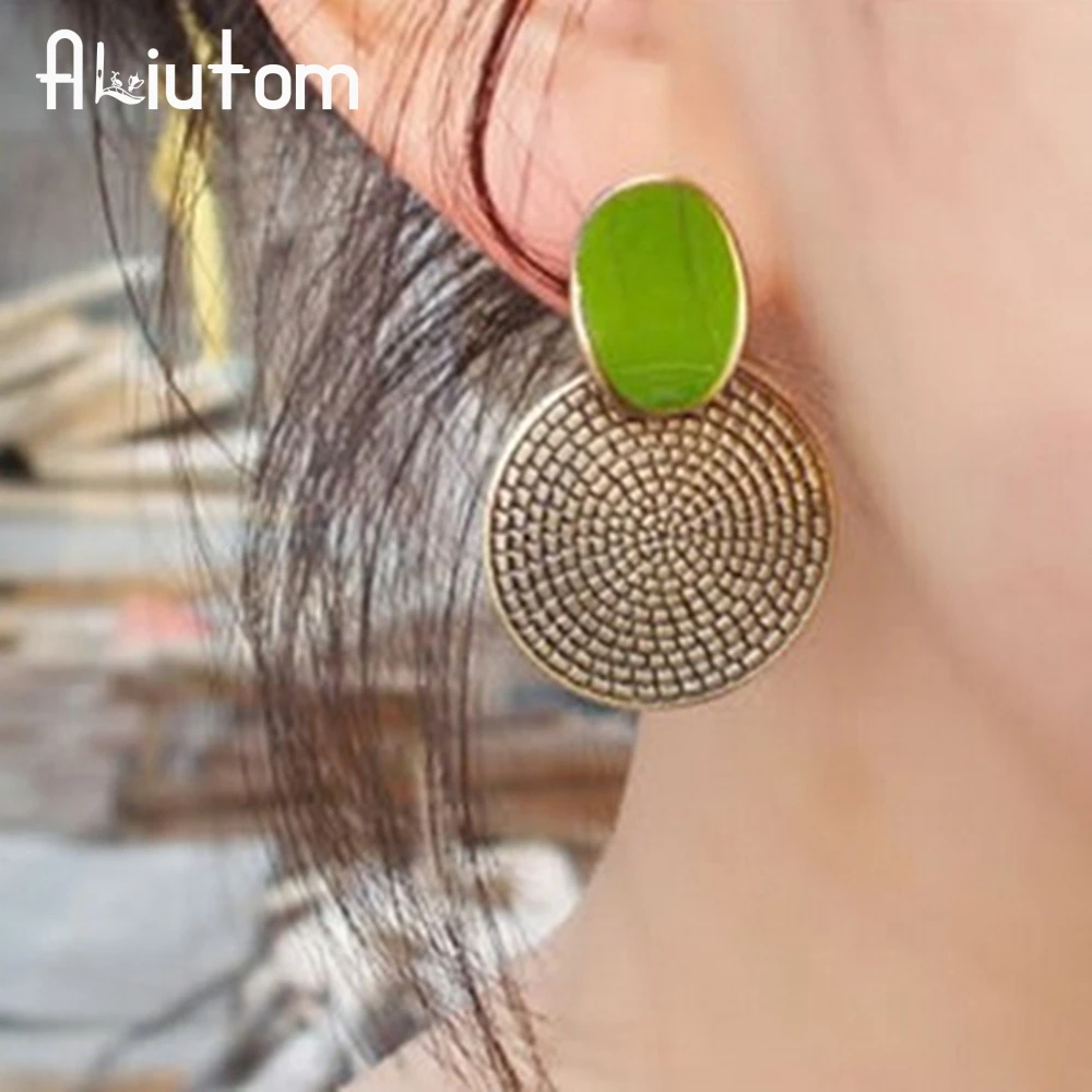 

Brincos 2018 new hot sale antique bronze round pendant stripe eardrop Women fashion Vintage green enamel earrings E109
