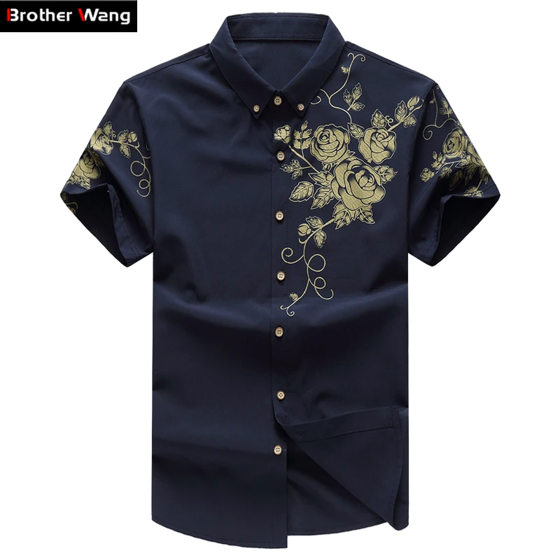 Летняя мужская рубашка модная с цветочным принтом Мужская Повседневная рубашка с коротким рукавом большой размер брендовая мужская одежда 5XL 6XL