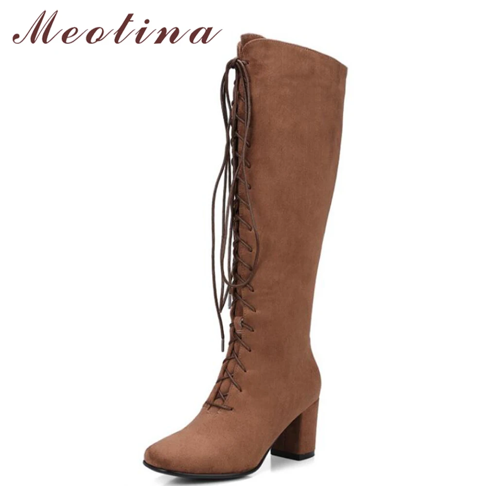 

Meotina Knee High Boots Winter Women Boots Zipper Thick High Heel Boots Motorcycle Boots Lace Up Fashion Long Shoes Brown 34-39