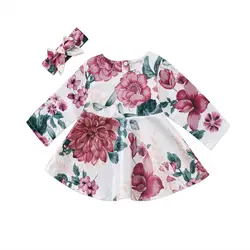 Одежда для детей; малышей; девочек цветочный Хлопковое платье + повязка 2 шт. костюмы детские Одежда для девочек, Детские платья