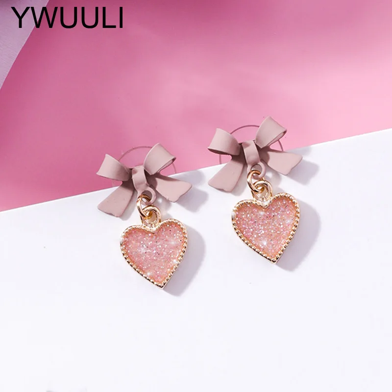 Korean Style Pink Bowknot Heart Earrings For Women Fashion Stylish