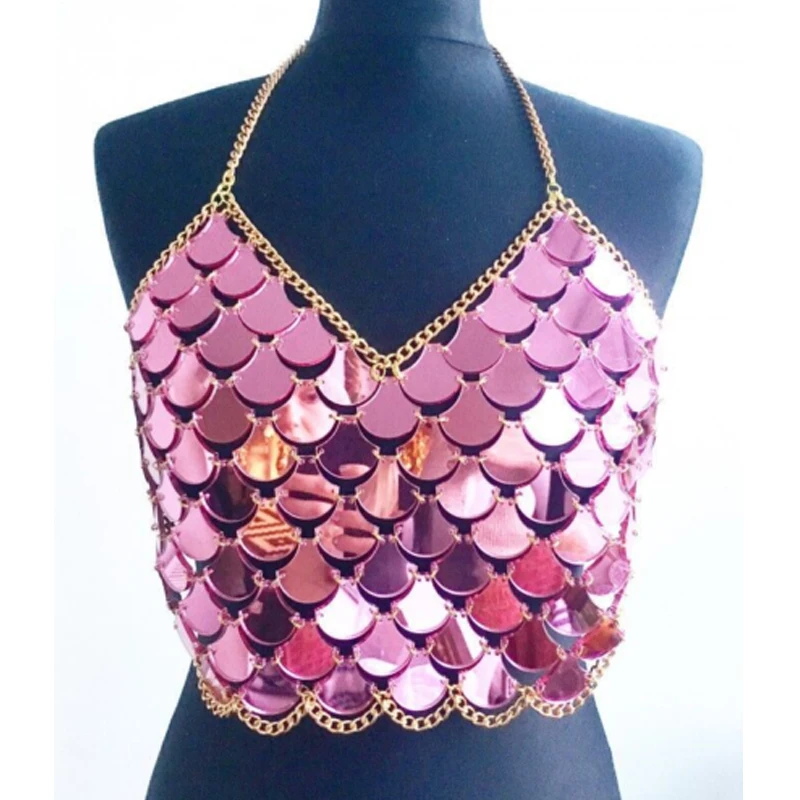 

Women Metal Crop Tops Backless Bralette Summer Beach Party Club Sequin Tops Vest Blouse Shirt